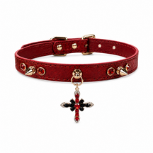 Crimson Flame Dog Collar with Gold Spikes and Jeweled Cross Charm
