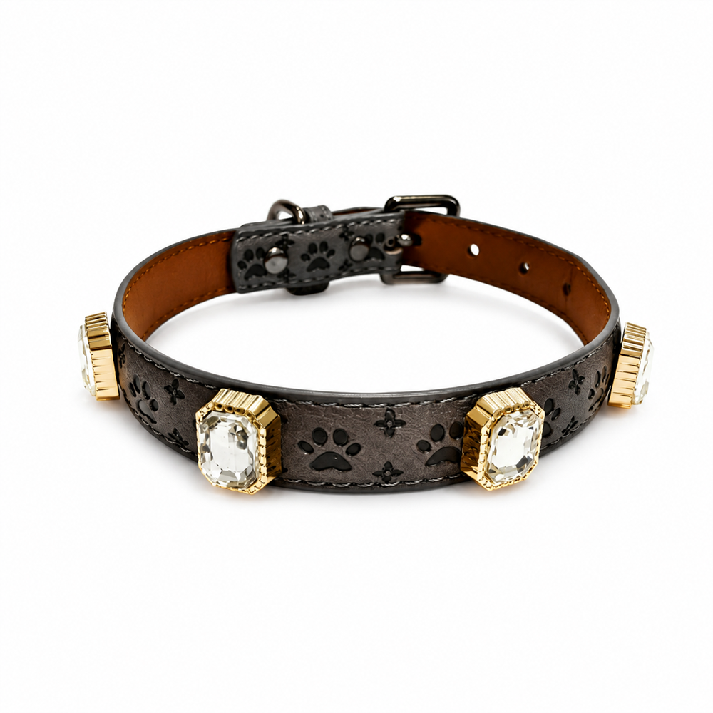 Antique Bronze Paw Dog Collar with Cutout Motifs and Crystal Accents