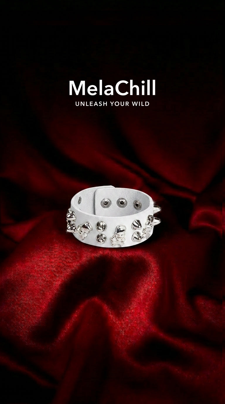 Fetter Series White Skull Cone Spike Wrist Cuff Bracelet | Smooth White Faux Leather Wristband with Silver Skull Ornaments & Sharp Cone Spikes