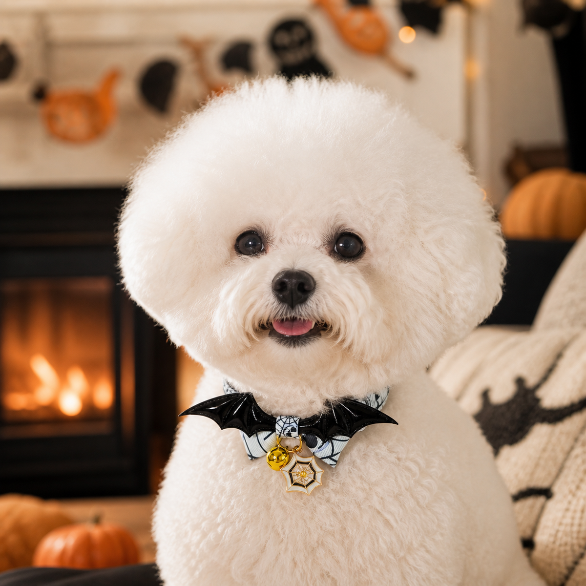 Midnight Bat-Wing Dog Collar with Skull Bow and Halloween Charms