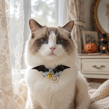 Haunted Web Cat Collar with Bat Wings, Bow and Pumpkin Bell