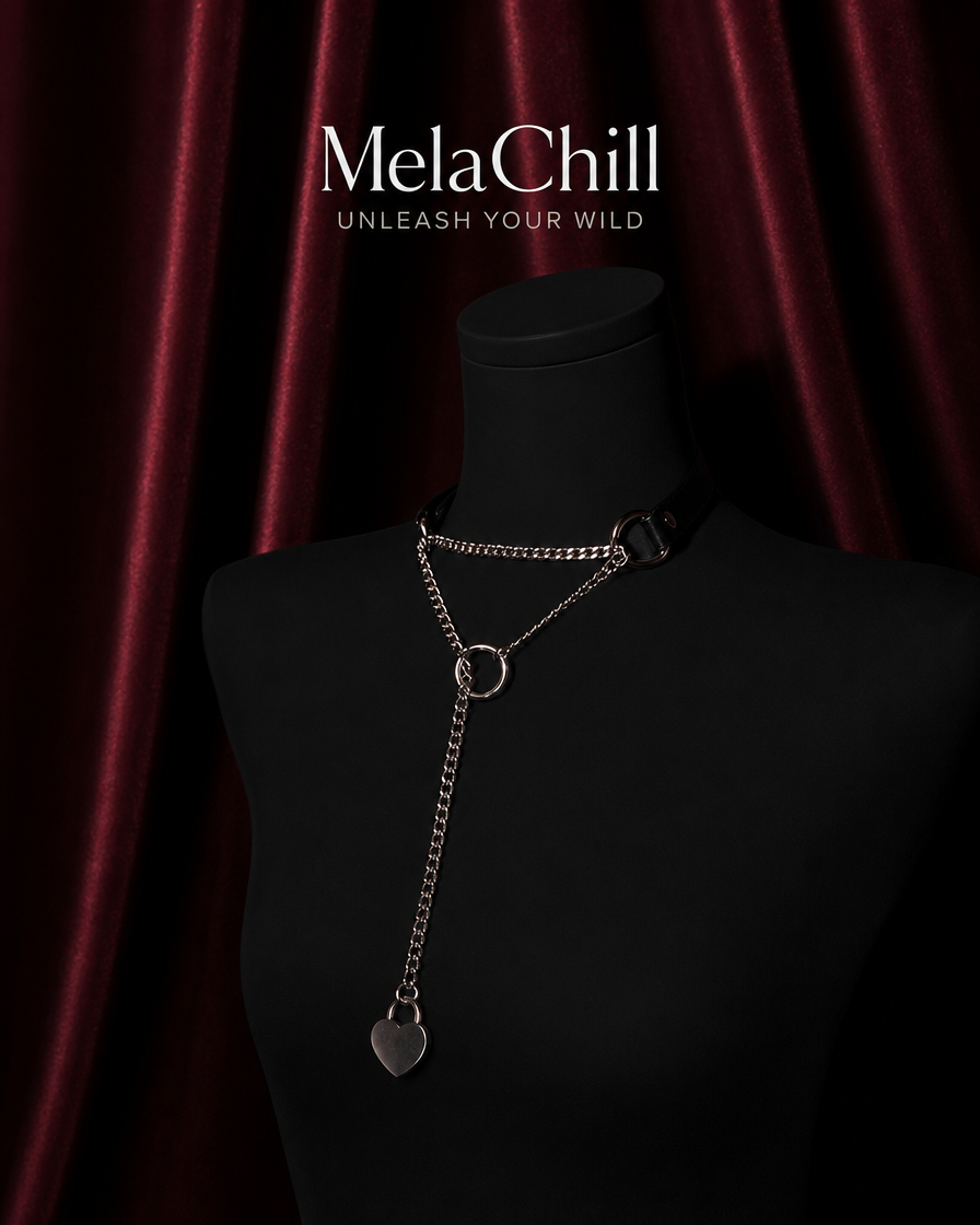 MelaChill [Breathless] Black Leather Choker Necklace, Thick Chain & Movable Pulling Chain, Versatile Daily Wear with Love Lock