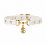 Golden Fortune White Dog Collar with Crystal Dollar Charm