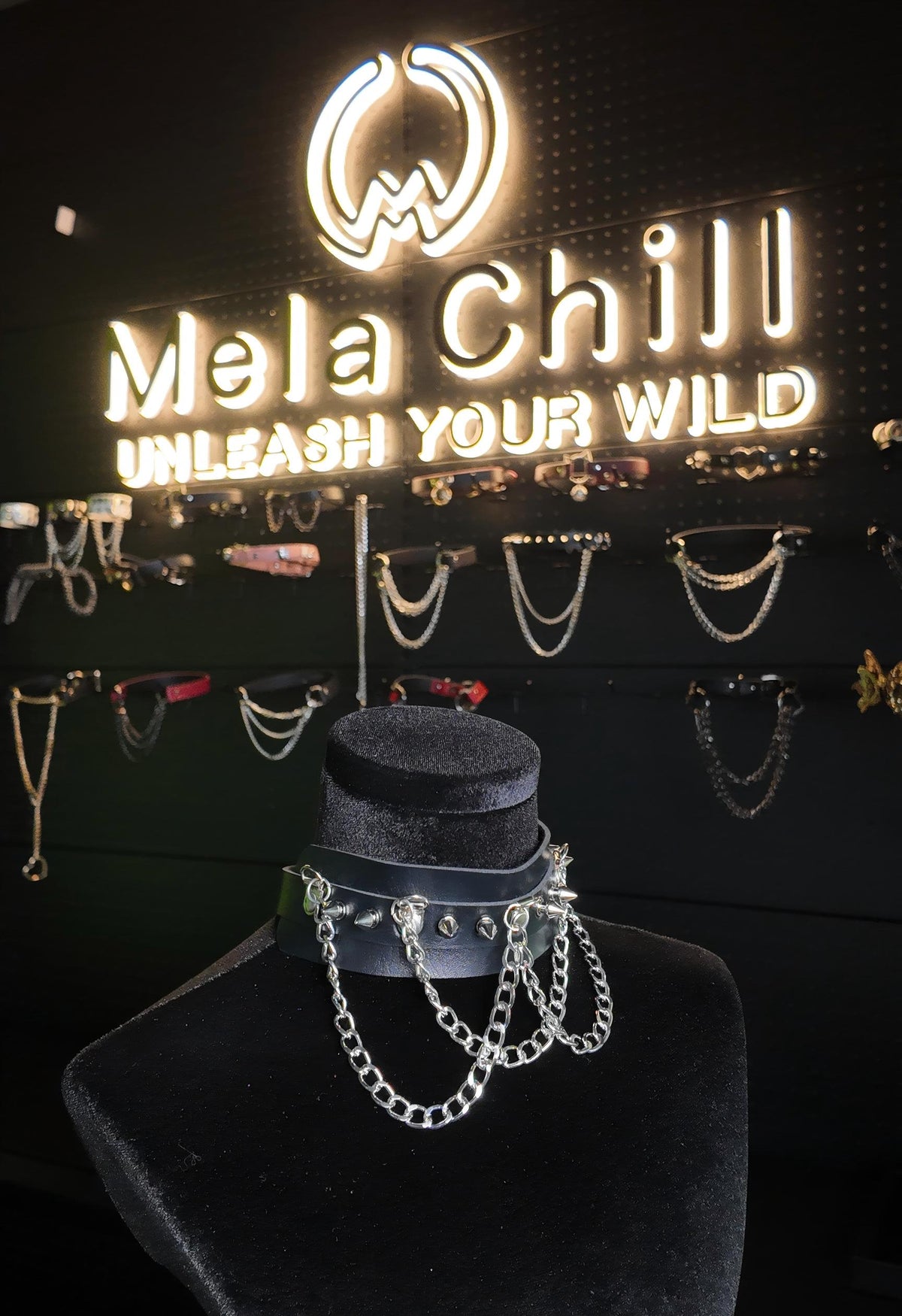 MelaChill Gothic Dark Choker Necklace | Black Studded Chain Soft Leather Collar