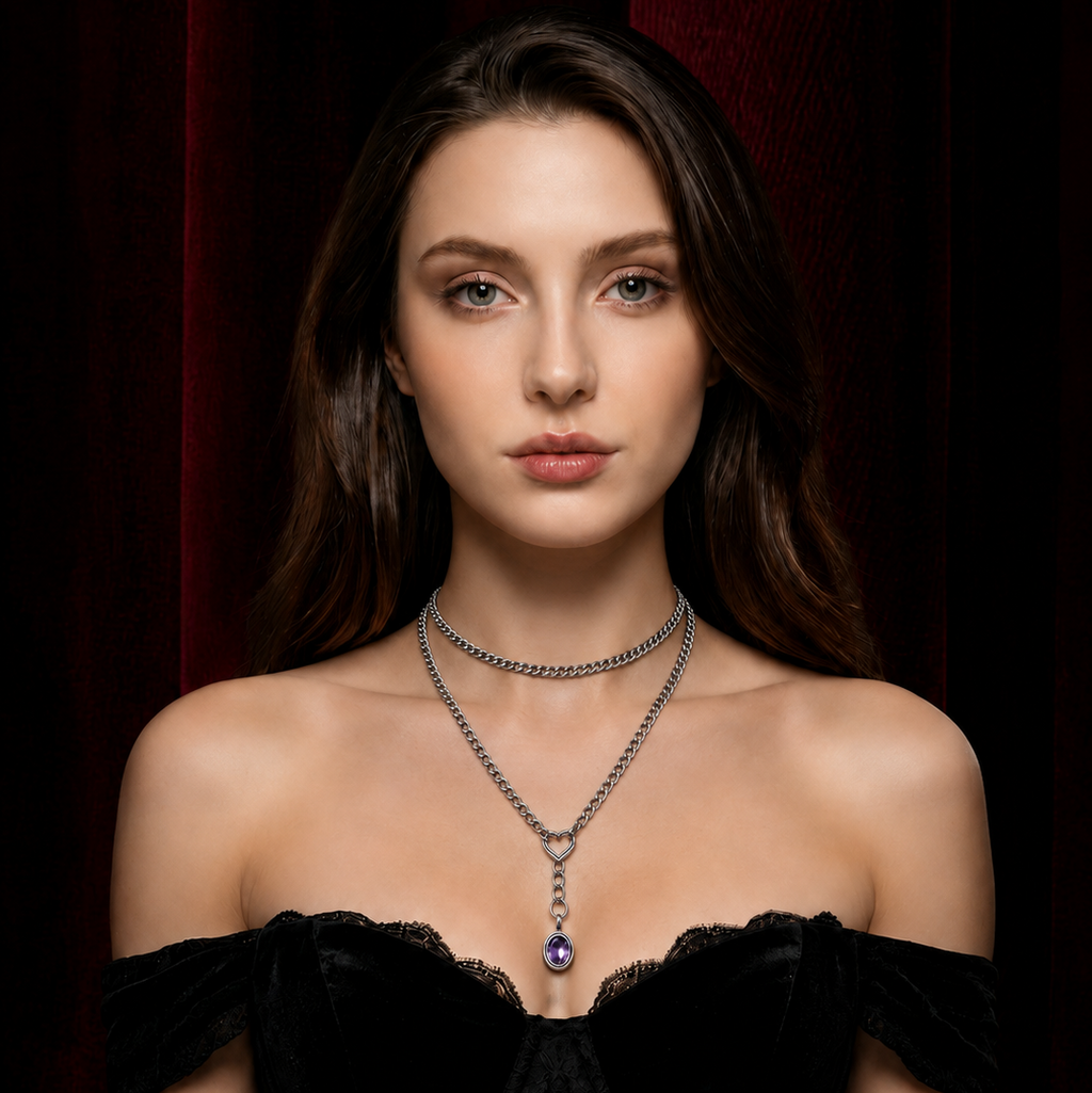 Purple Gem Herz Lariat Choker | Layered Pendant Kette