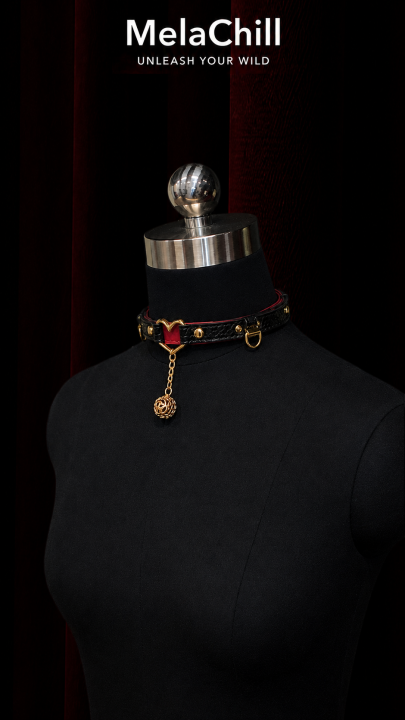 Sweet Gothic Heart Hollow Ball Choker Necklace | Black Embossed Faux Leather Collar with Red Lining & Gold Heart Frame Rose Ball Pendant