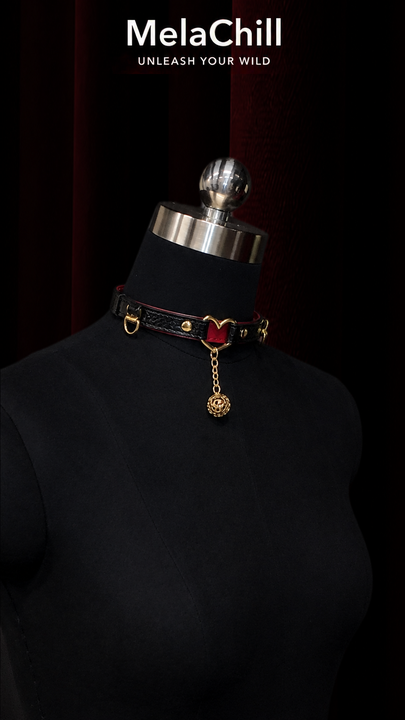 Sweet Gothic Heart Hollow Ball Choker Necklace | Black Embossed Faux Leather Collar with Red Lining & Gold Heart Frame Rose Ball Pendant