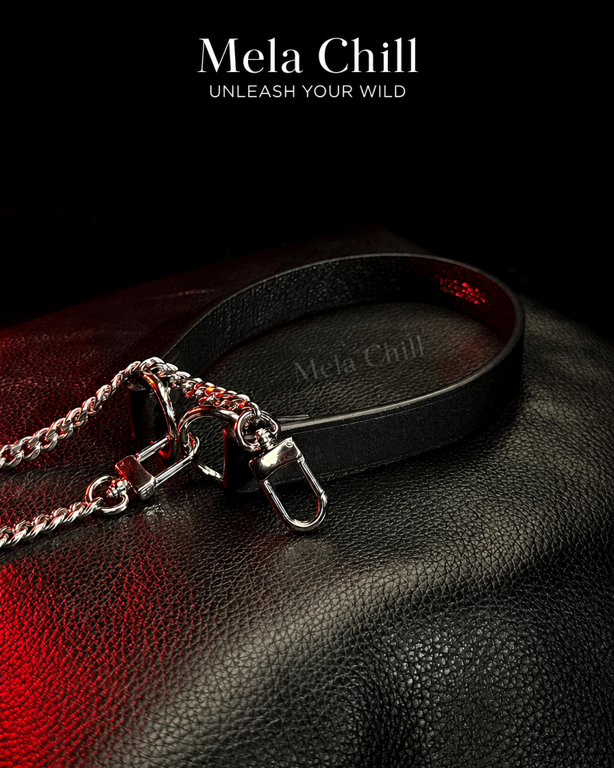 Mela Chill Breathless Black Leather Choker Necklace – Thick Chain with Movable Pull Chain, Removable Design for Daily Wear