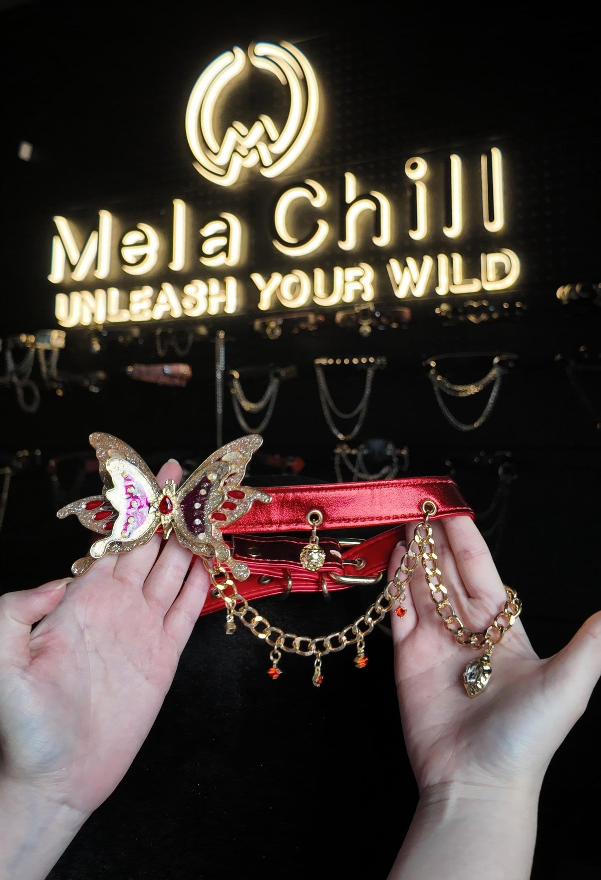 MelaChill Red Night Butterfly Choker Necklace | Rhinestone Leather Collar