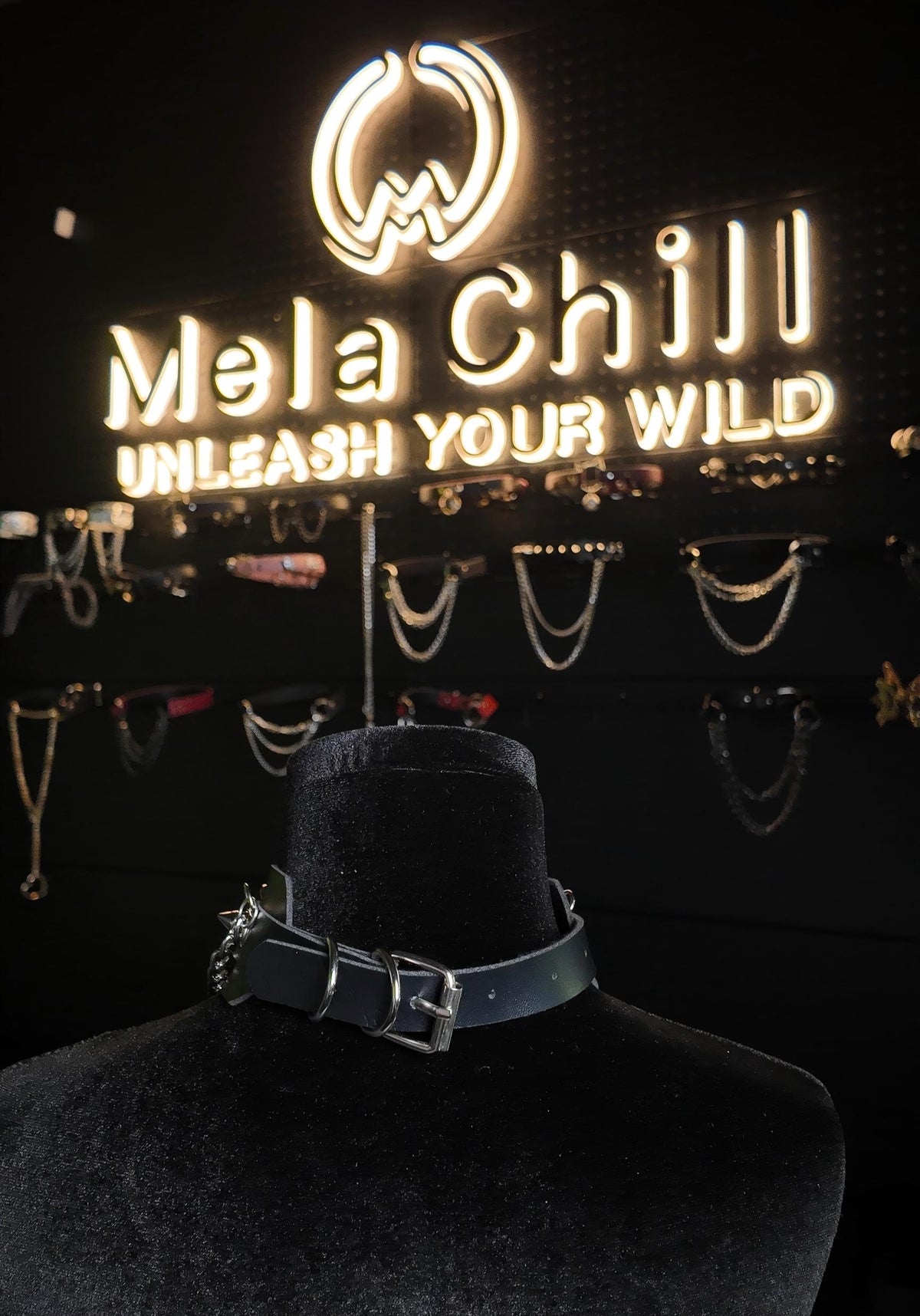 MelaChill Gothic Dark Choker Necklace | Black Studded Chain Soft Leather Collar