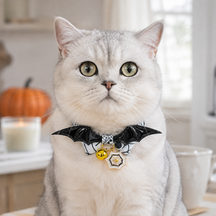Haunted Web Cat Collar with Bat Wings, Bow and Pumpkin Bell