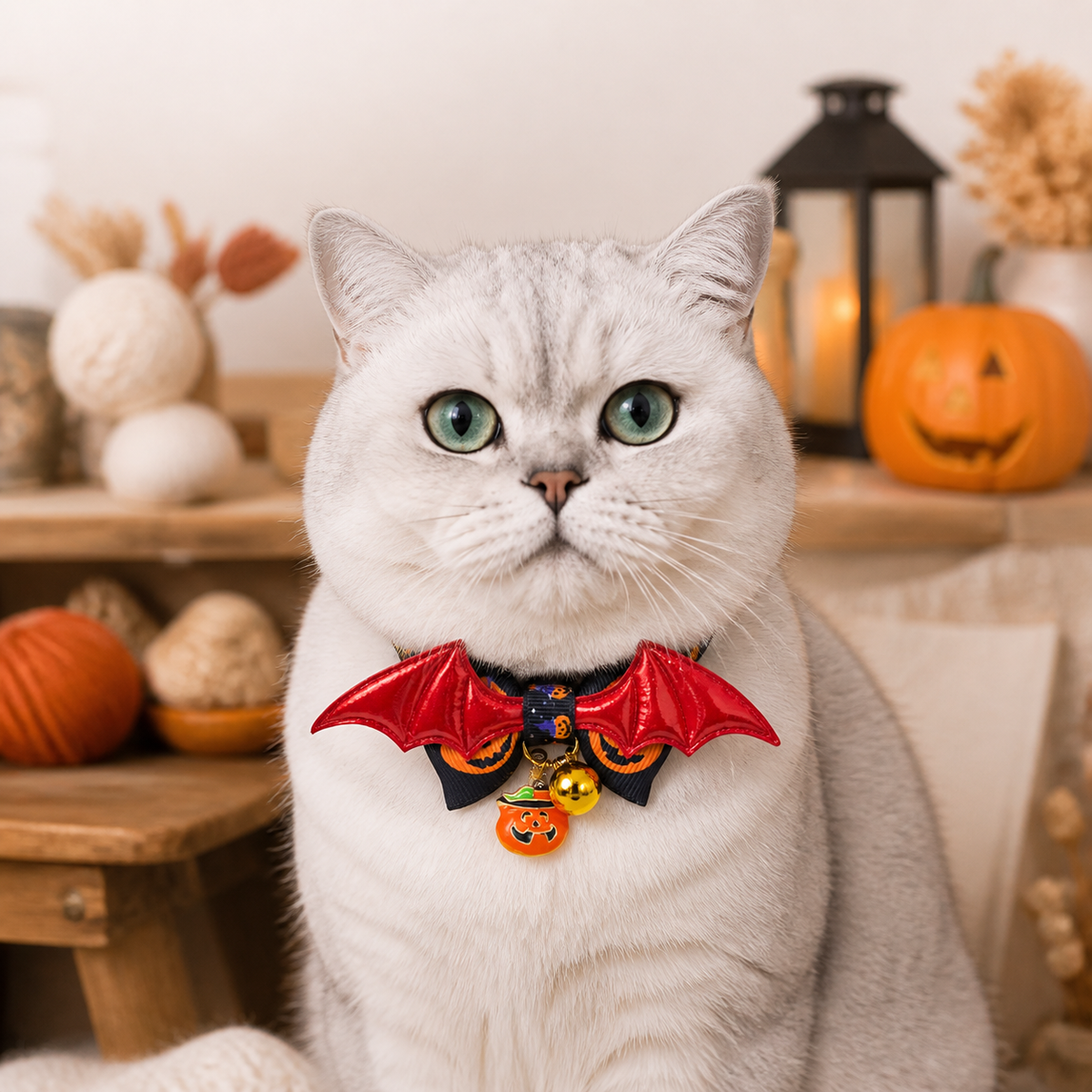 Scarlet Bat Cat Collar with Pumpkin Bow and Halloween Bell