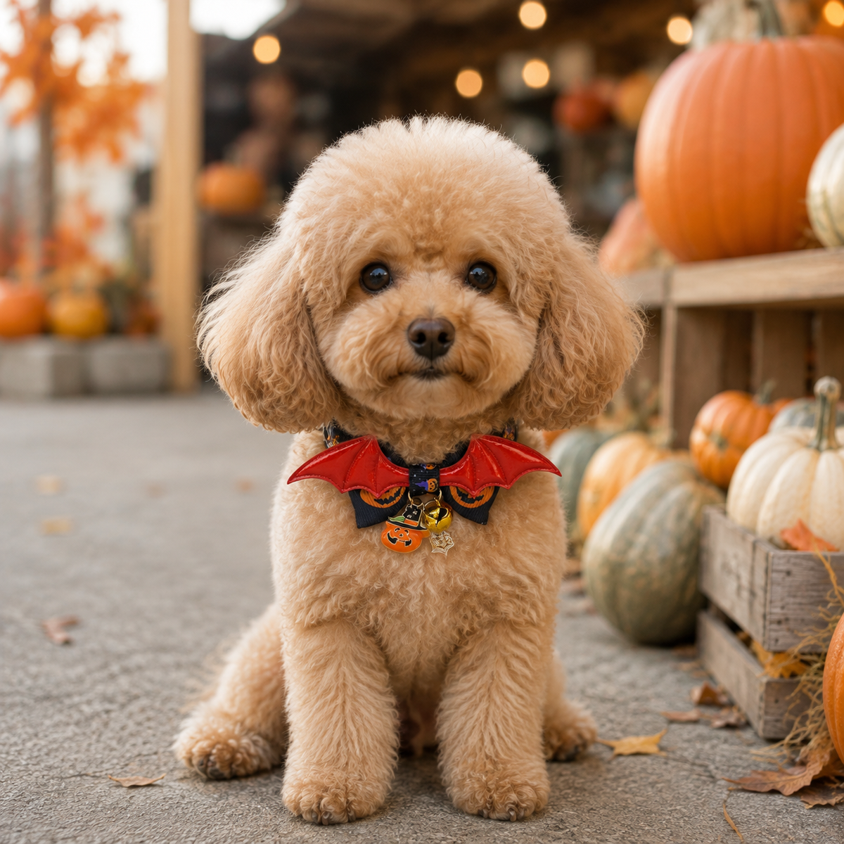 Crimson Bat-Wing Dog Collar with Halloween Pumpkin Charms