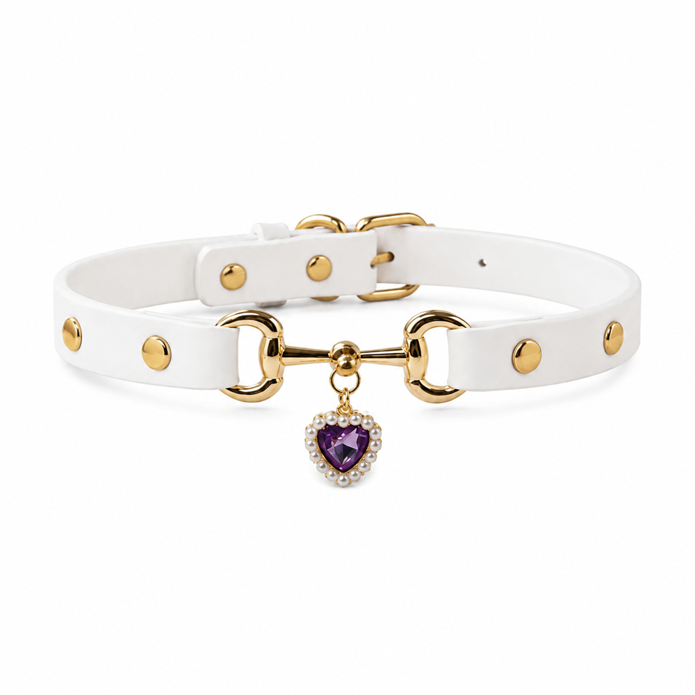 Amethyst Heart White Dog Collar with Gold-Tone Hardware and Pearl Halo Charm