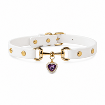 Amethyst Heart White Dog Collar with Gold-Tone Hardware and Pearl Halo Charm