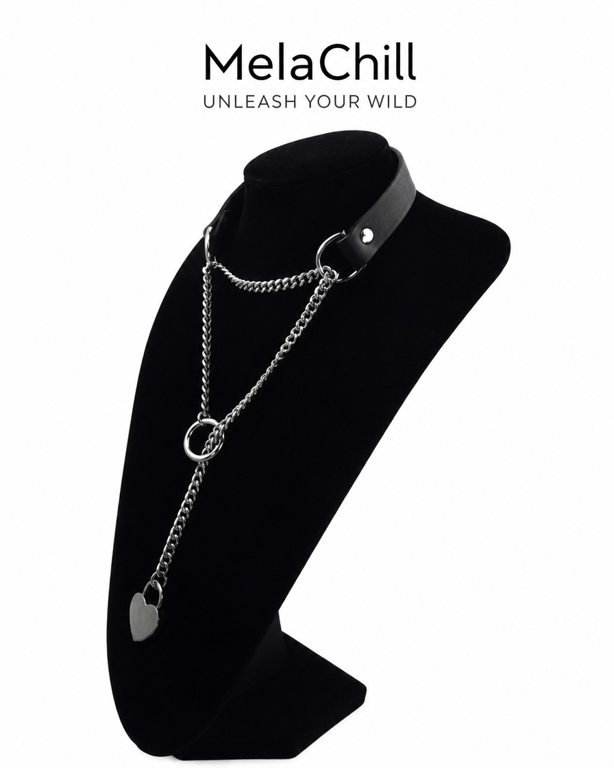 MelaChill [Breathless] Black Leather Choker Necklace, Thick Chain & Movable Pulling Chain, Versatile Daily Wear with Love Lock