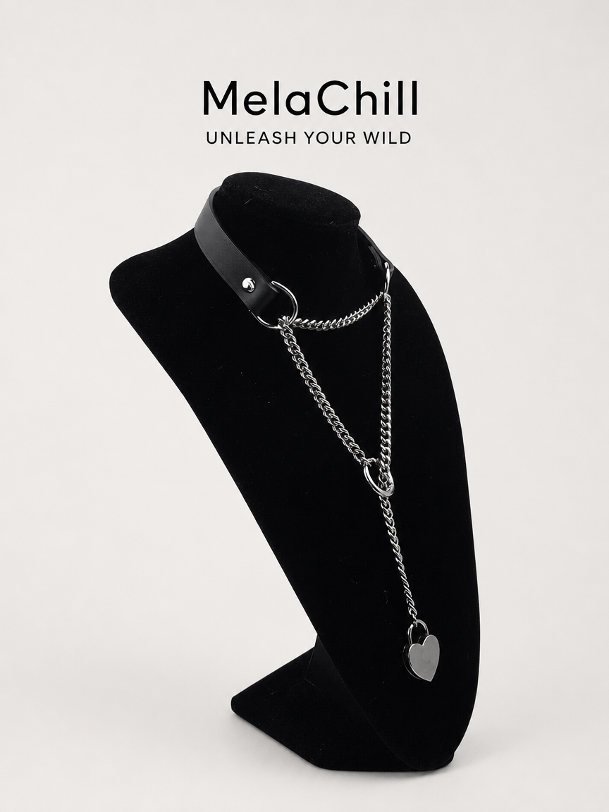 MelaChill [Breathless] Black Leather Choker Necklace, Thick Chain & Movable Pulling Chain, Versatile Daily Wear with Love Lock