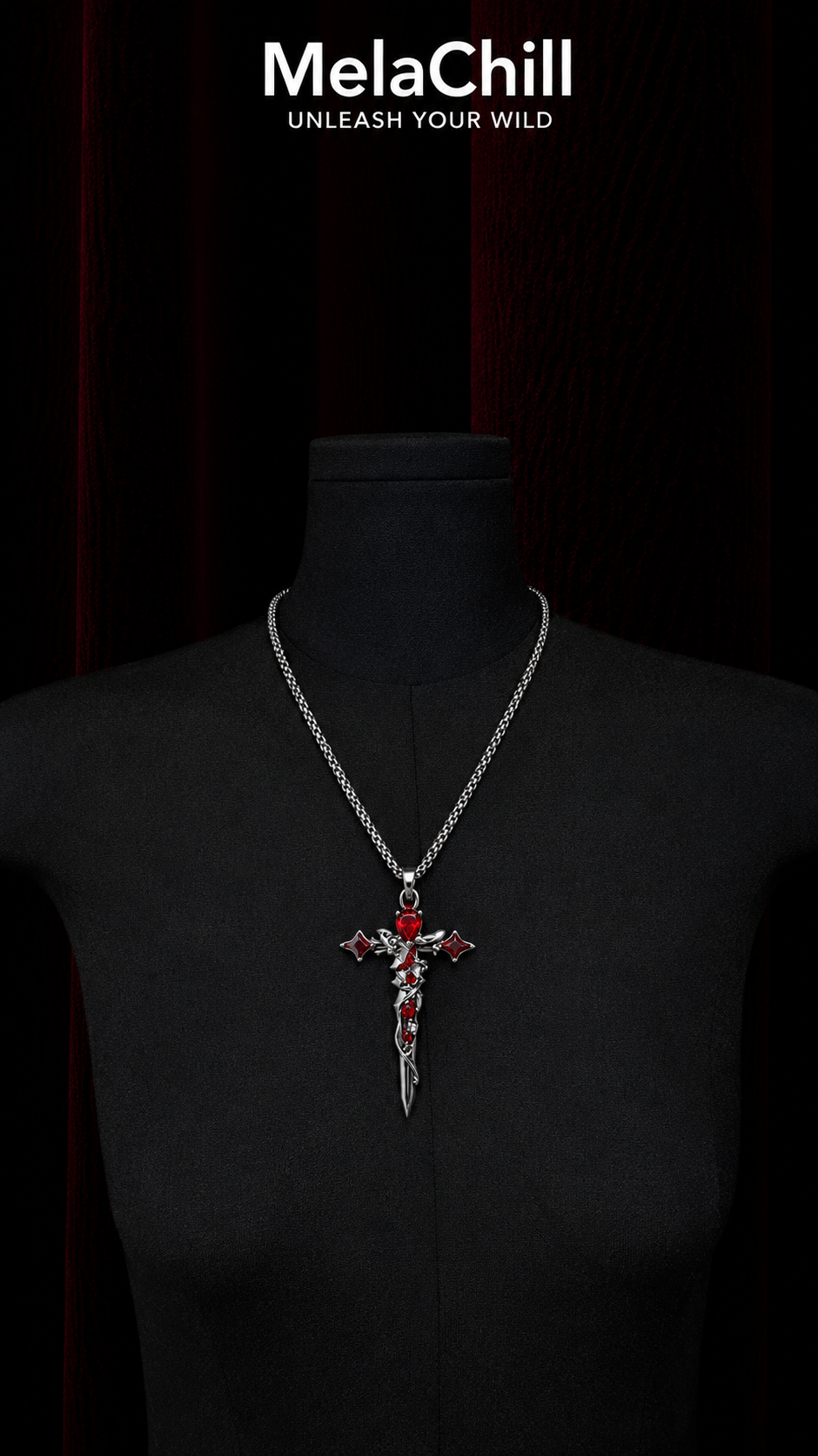 Thorned Red Diamond Holy Sword Cross Cuban Chain Necklace