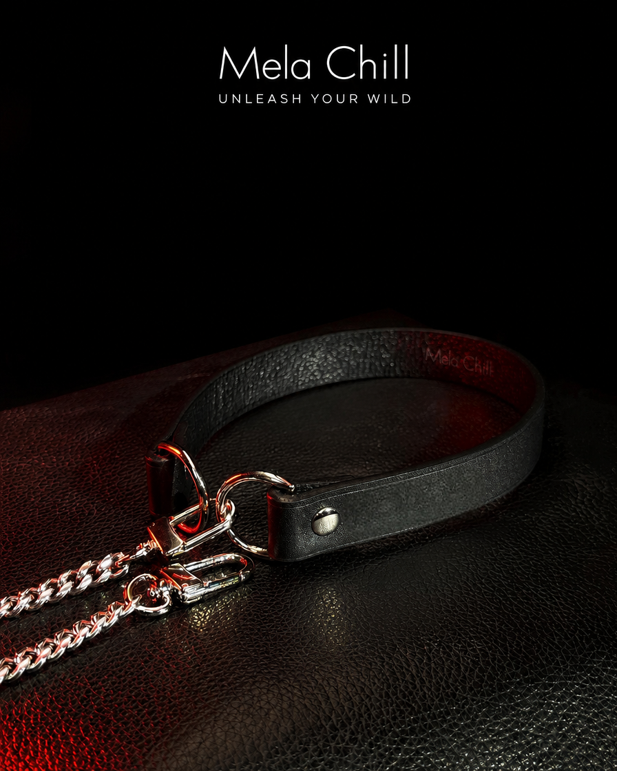 Mela Chill Breathless Black Leather Choker Necklace – Thick Chain with Movable Pull Chain, Removable Design for Daily Wear