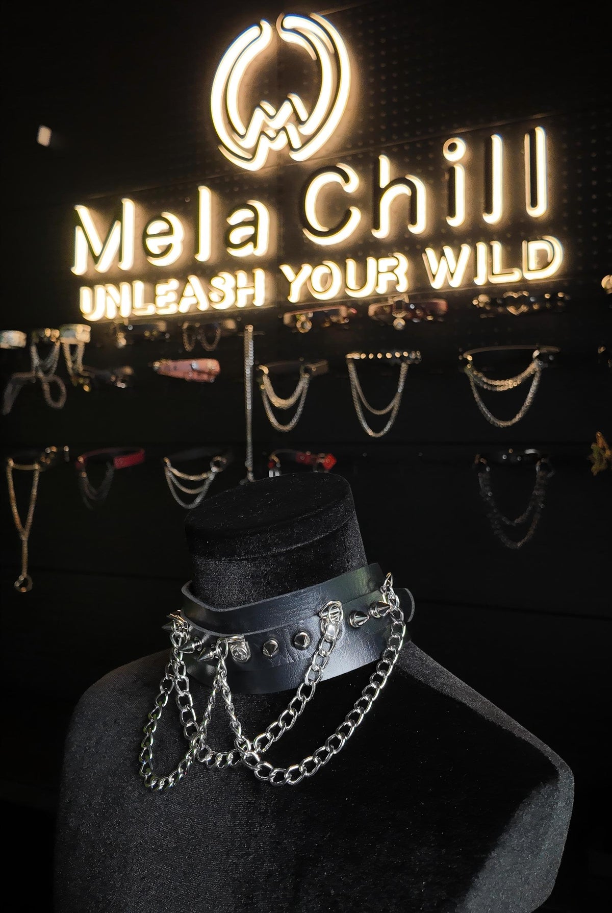 MelaChill Gothic Dark Choker Necklace | Black Studded Chain Soft Leather Collar