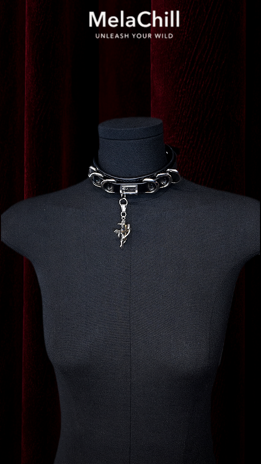 Blue Core Snowflake Pendant Black Leather Choker