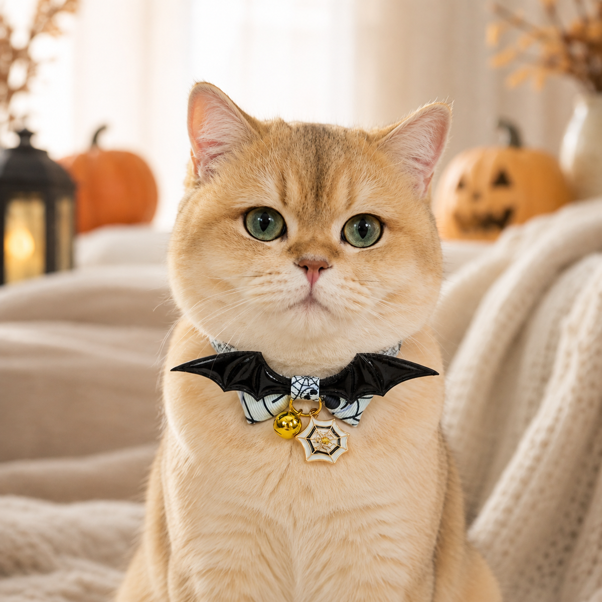 Haunted Web Cat Collar with Bat Wings, Bow and Pumpkin Bell
