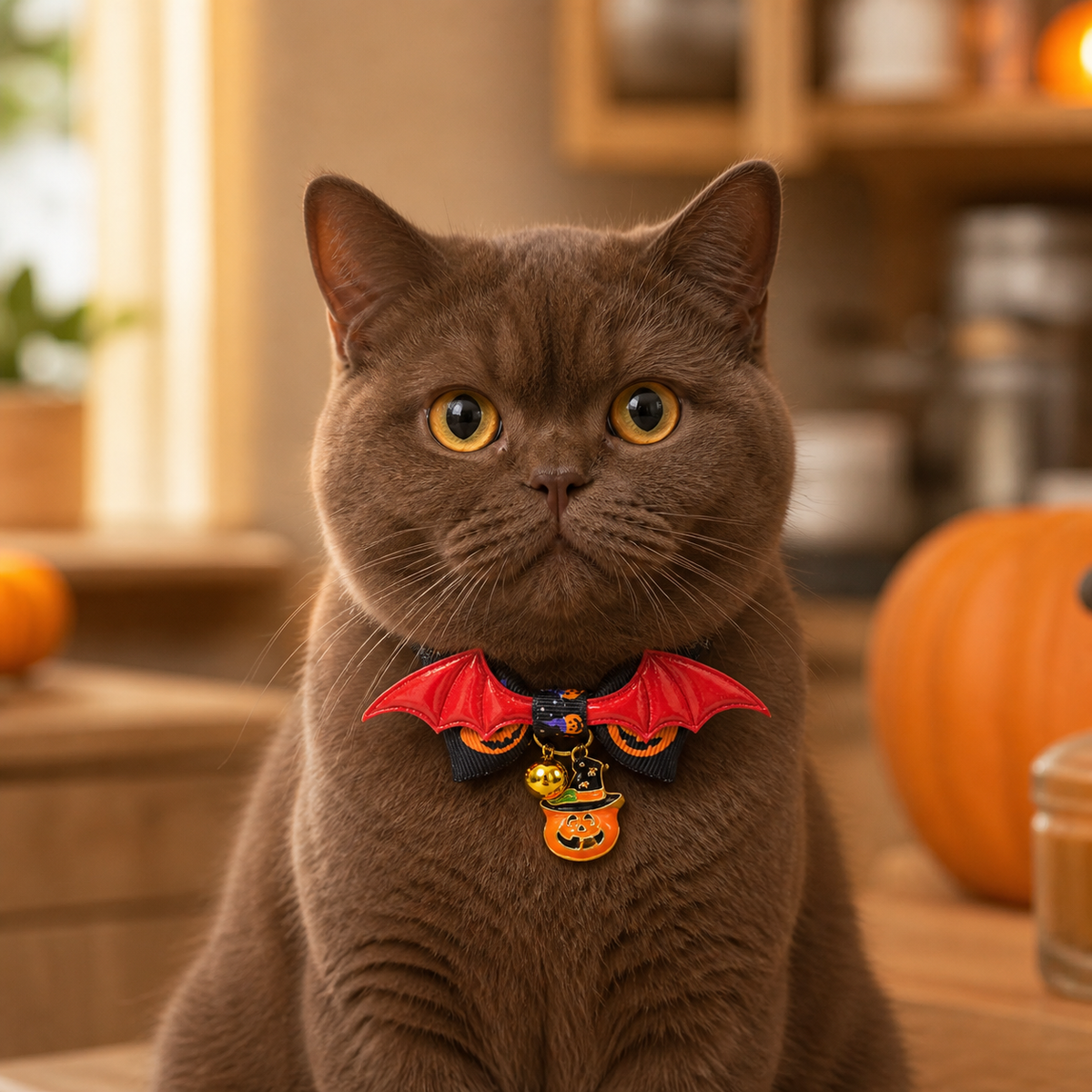 Scarlet Bat Cat Collar with Pumpkin Bow and Halloween Bell