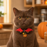 Scarlet Bat Cat Collar with Pumpkin Bow and Halloween Bell