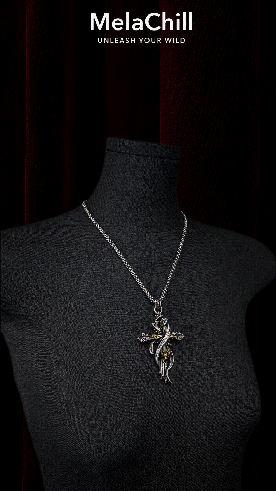 Dark Dual-Tone Thorned Vine Cross Metal Necklace