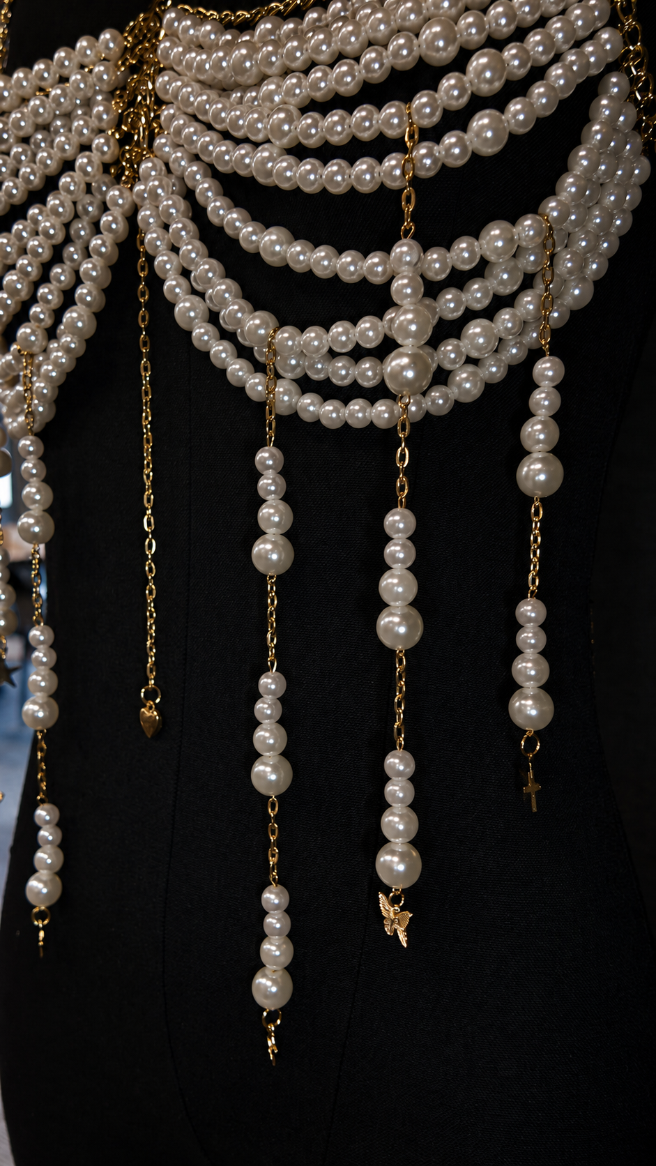 Gold Multi-Layer Pearl Cascade Halter Body Chain