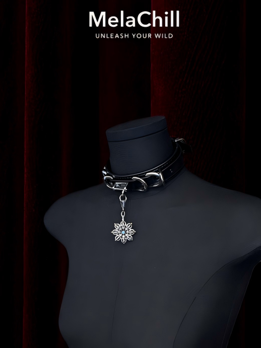 Blue Core Snowflake Pendant Black Leather Choker