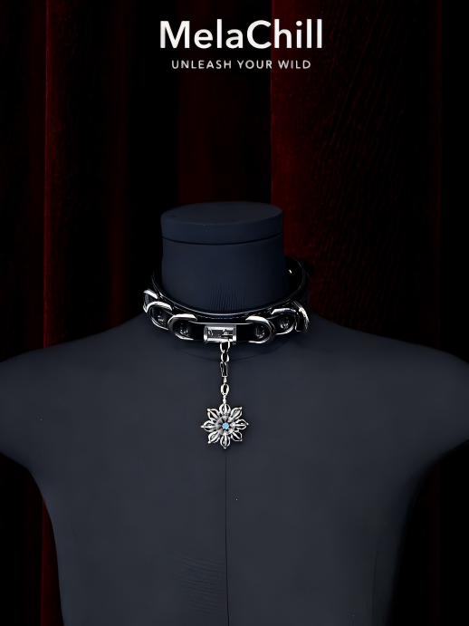 Blue Core Snowflake Pendant Black Leather Choker