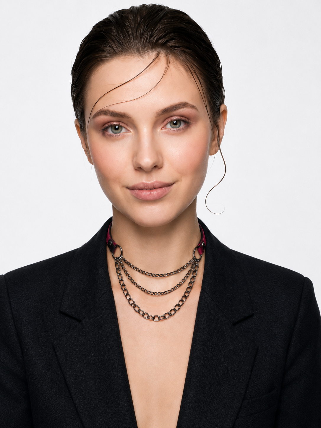 Black Red Gothic Triple Layer Chain Choker Necklace | Black Faux Leather Collar with Red Wrap Cuffs & Gunmetal Multi-Layer Chains