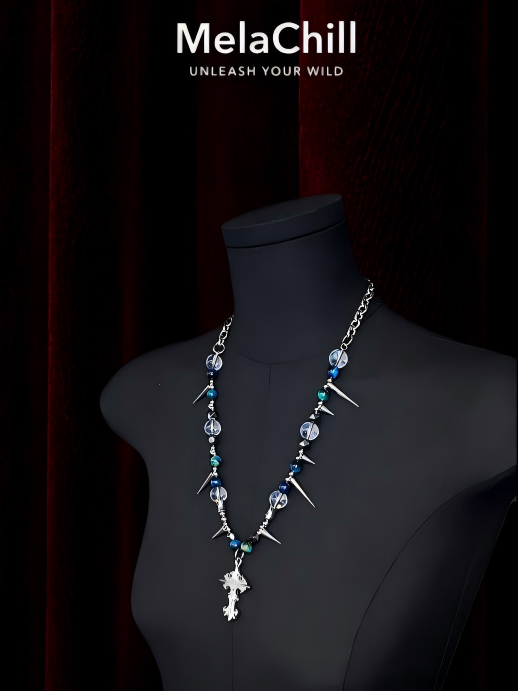 Blue Bead Thorn Spike Carved Cross Choker