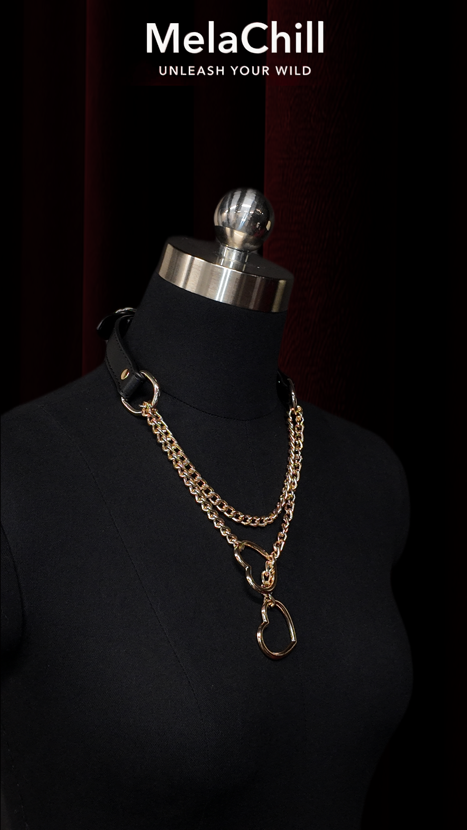 MelaChill Heart Choker Necklace | Black Leather Gold Hardware Collar