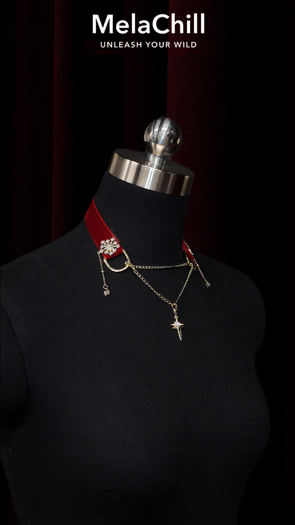 Vampire Series Red Velvet Star Dagger Choker Necklace | Wine Red Velvet Collar with Double Layer Gold Chain & Crystal Tassels