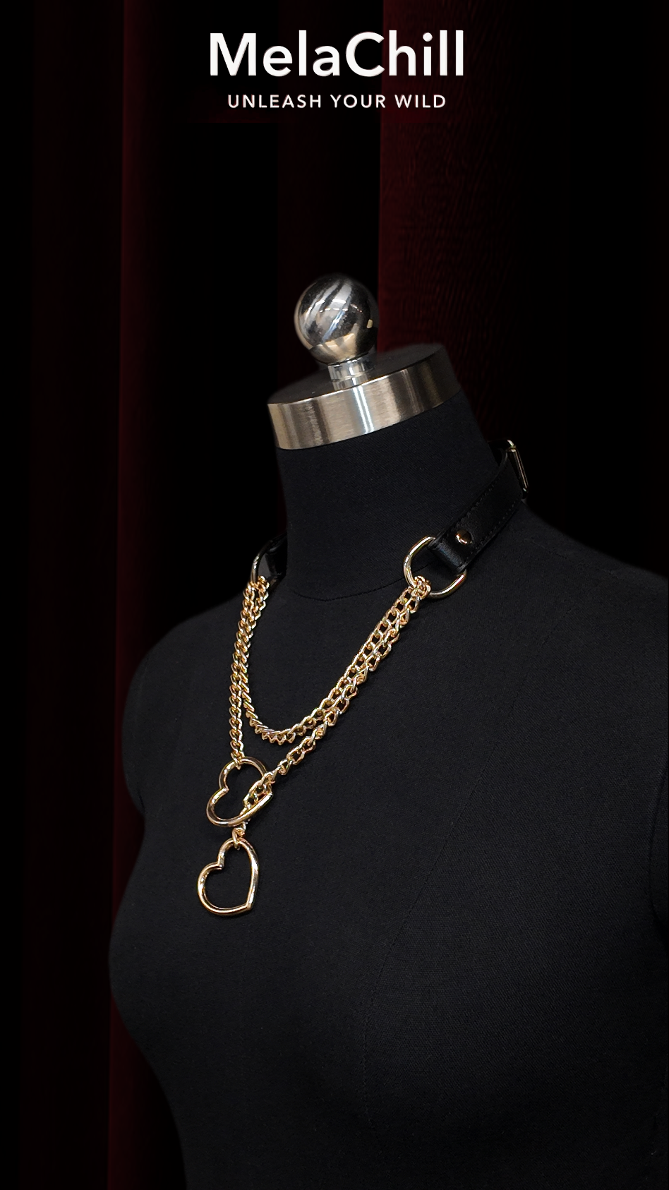 MelaChill Heart Choker Necklace | Black Leather Gold Hardware Collar