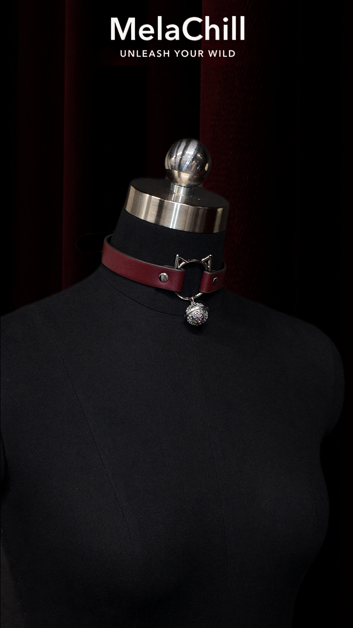 MelaChill Bow Bell Choker Necklace | Black & Burgundy Leather Gold Hardware Collar