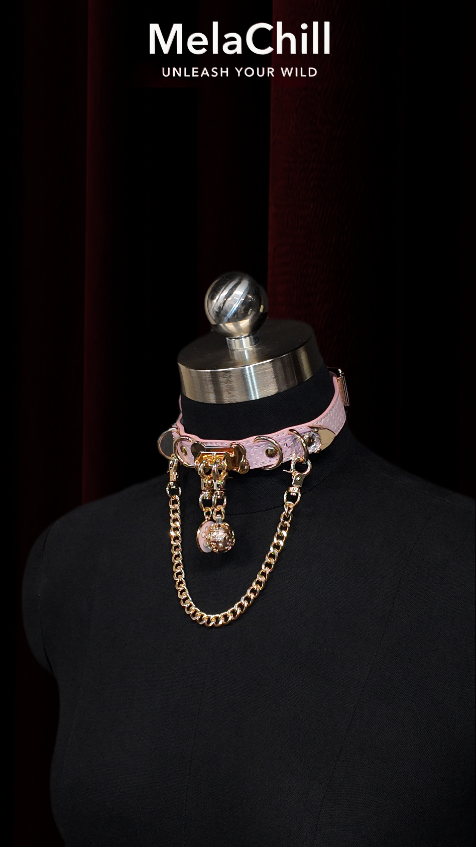 Sweet Gothic Pink O-Ring Chain Choker Necklace | Pastel Pink Faux Leather Collar with Gold Chain & Rhinestone Ball Pendant
