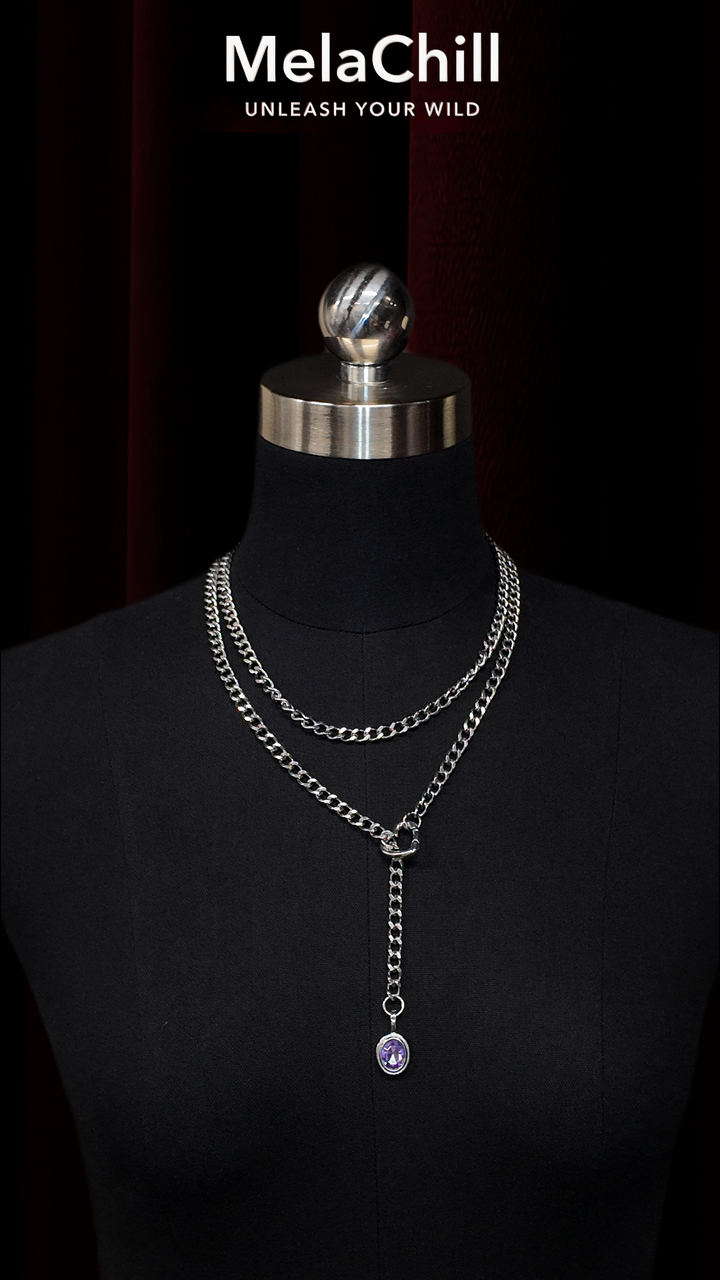 Silver Double Chain Purple Gem Lariat Choker Necklace | Minimal Layered Heart Connector Pendant Collar