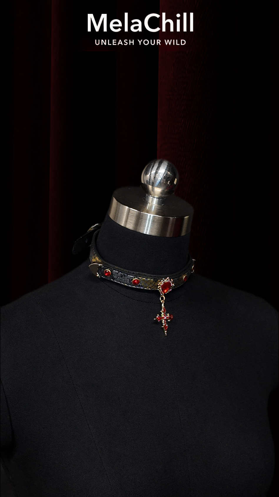 Black Gothic Red Gem Cross Choker Necklace | Ornate Crystal Cross Pendant Collar