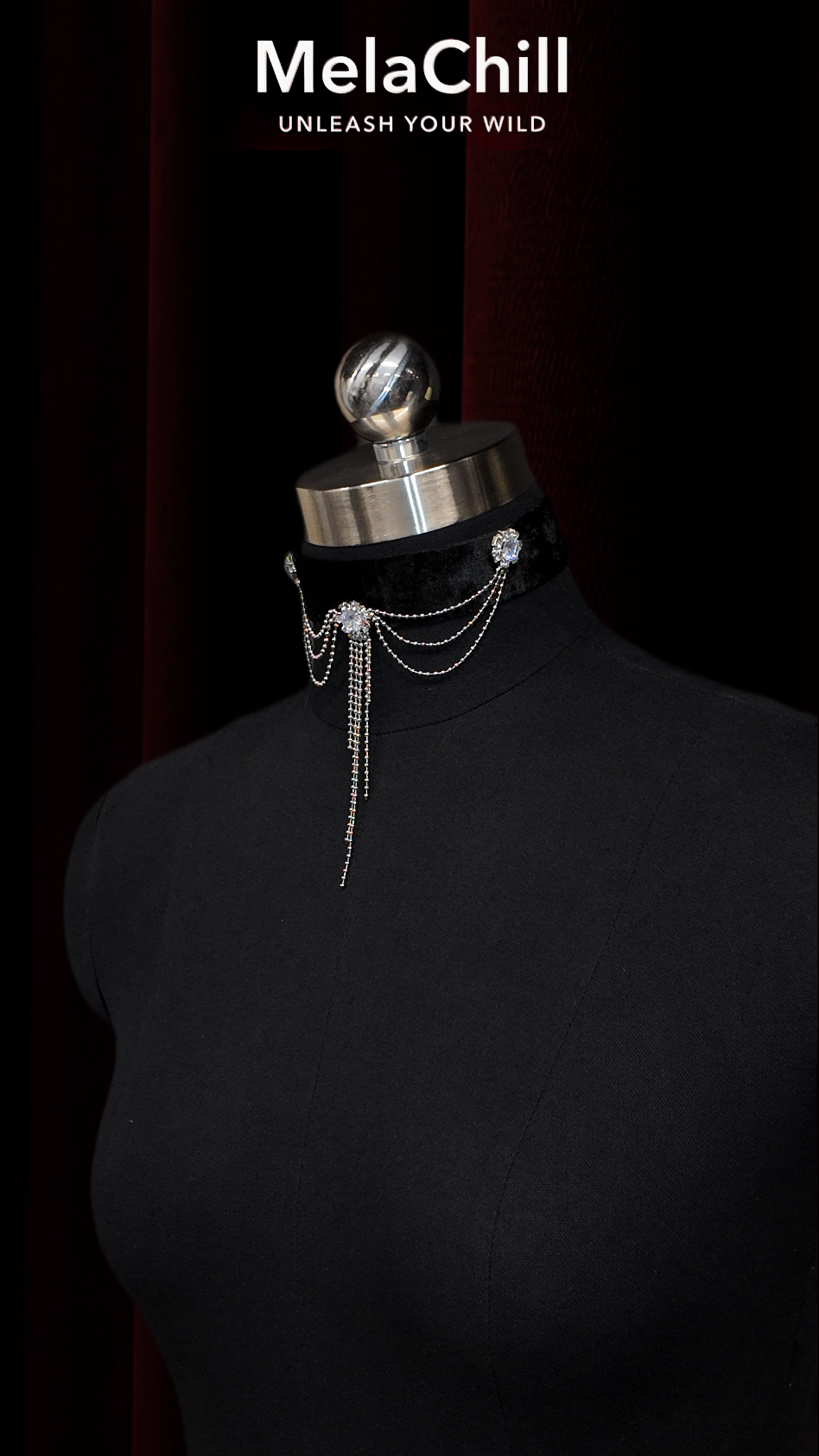 Vintage Castle Style Black Velvet Tassel Rhinestone Choker Necklace | Black Velvet Collar with Multi-Layer Sparkling Chain Fringe Pendant