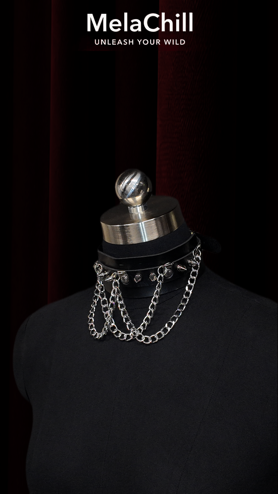 MelaChill Gothic Dark Choker Necklace | Black Studded Chain Soft Leather Collar