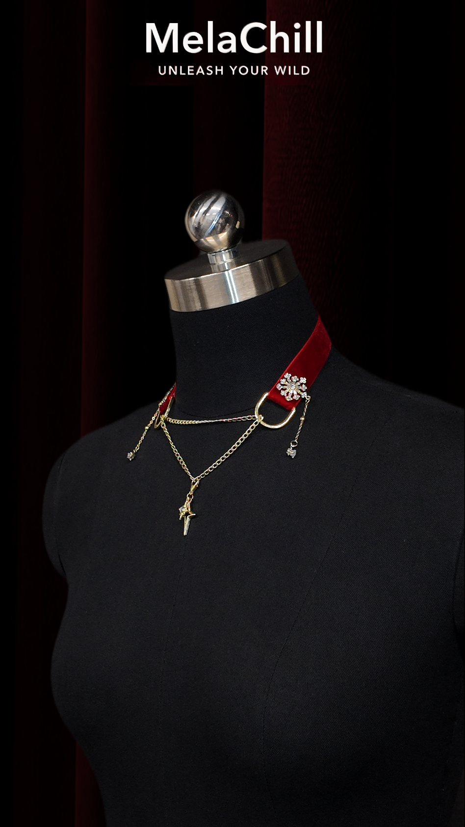 Vampire Series Red Velvet Star Dagger Choker Necklace | Wine Red Velvet Collar with Double Layer Gold Chain & Crystal Tassels