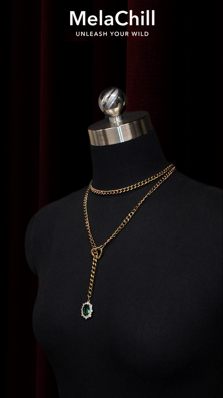 Gold Double Chain Emerald Drop Lariat Choker Necklace | Heart Connector Green Gem Pendant Collar