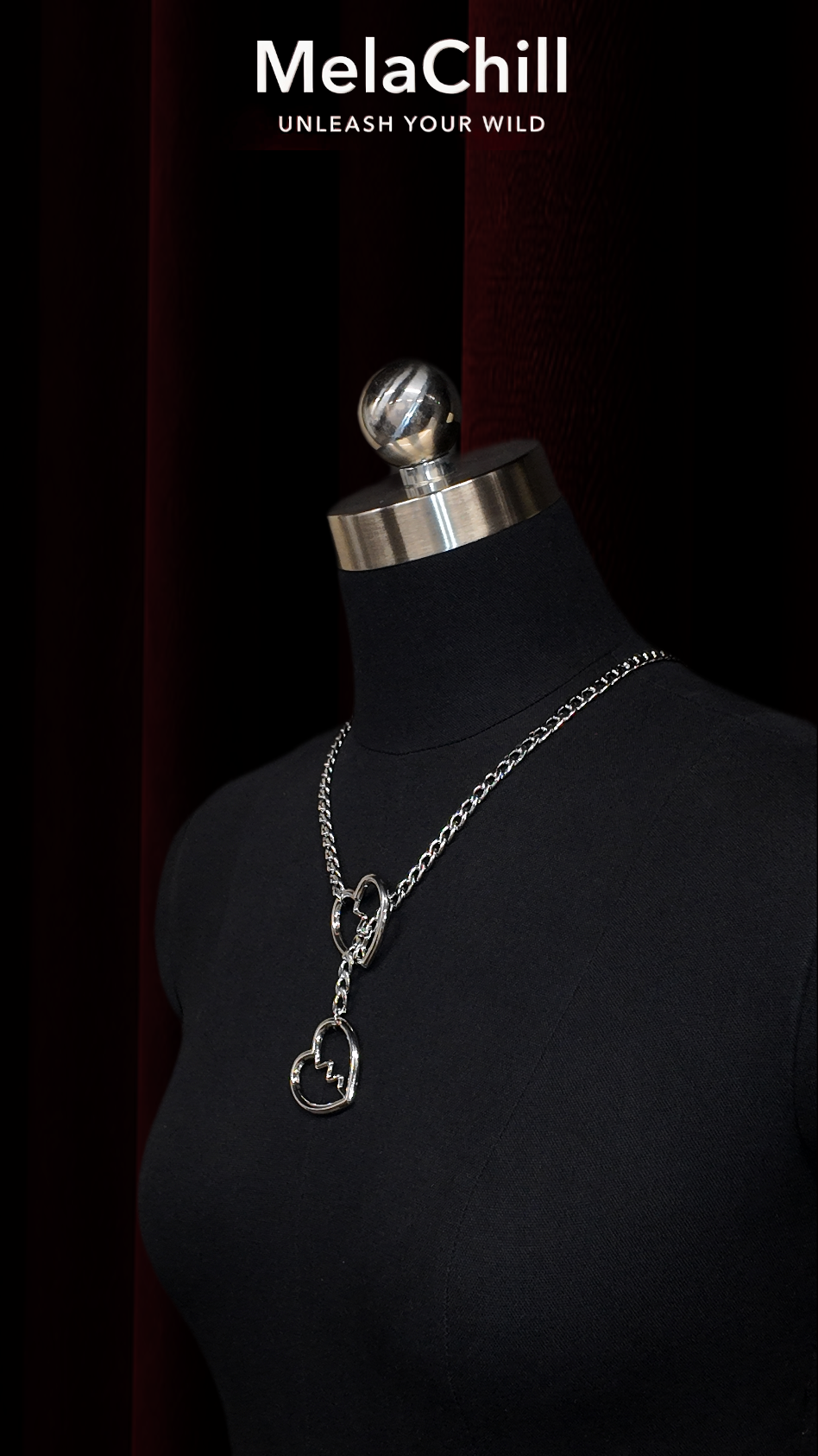 Silver Double Chain Broken Heart Lariat Choker Necklace | Dual Heart Connector Pendant Collar