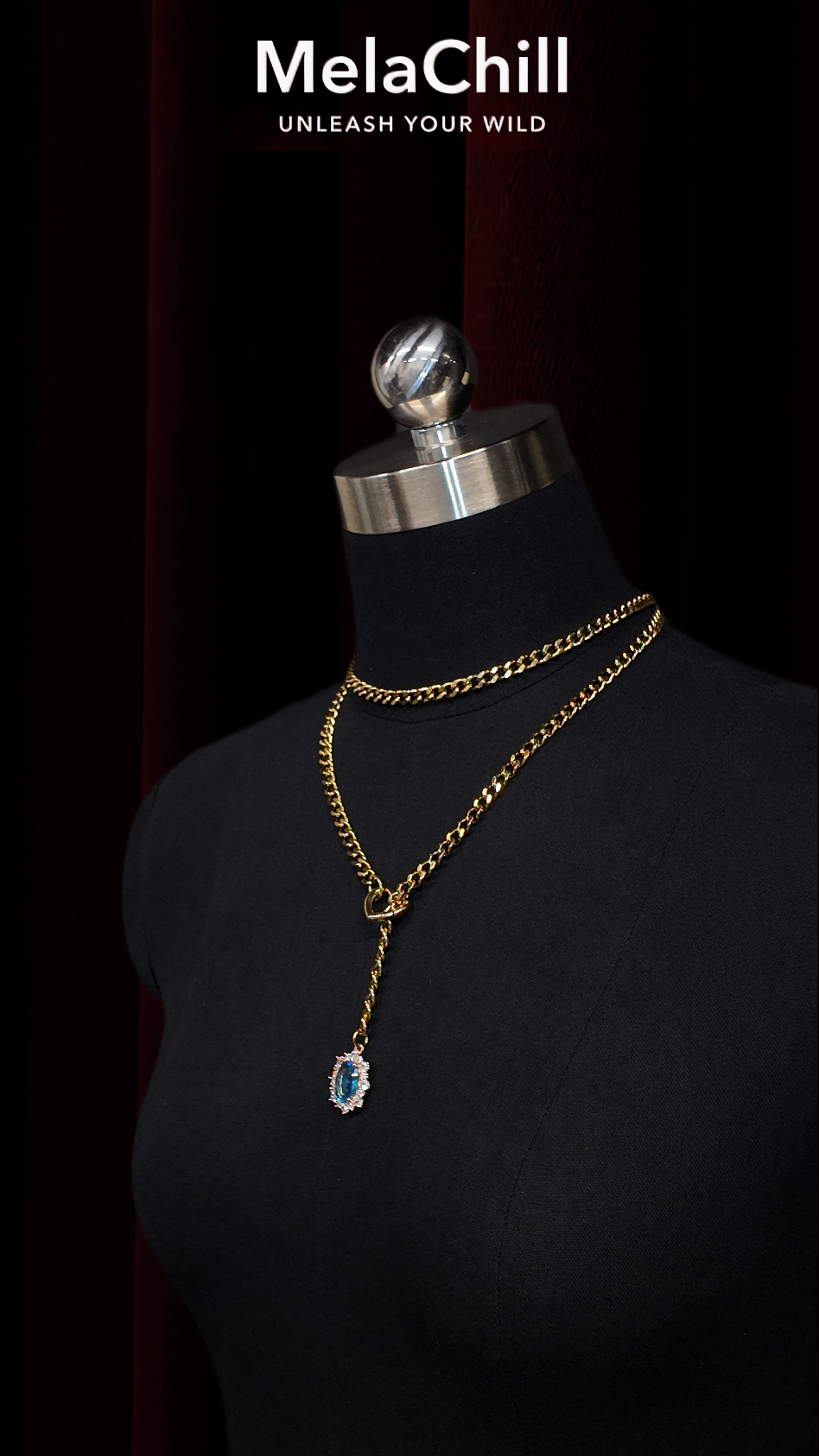 Gold Double Chain Blue Gem Lariat Choker Necklace | Heart Connector Sapphire Drop Pendant Collar