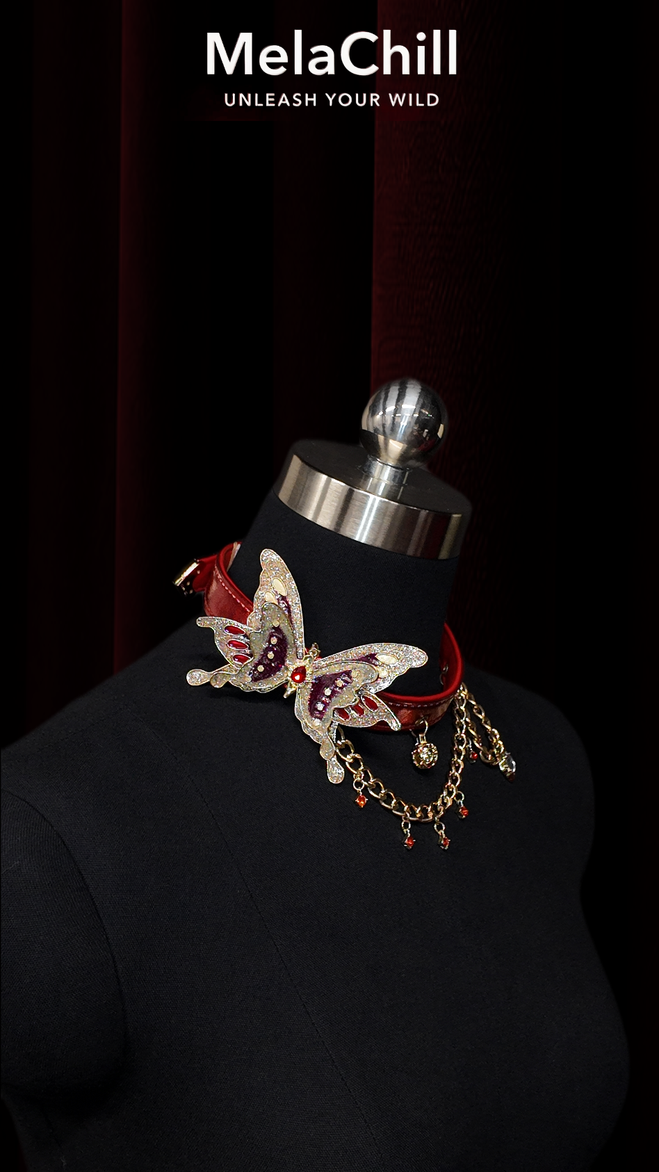 MelaChill Red Night Butterfly Choker Necklace | Rhinestone Leather Collar