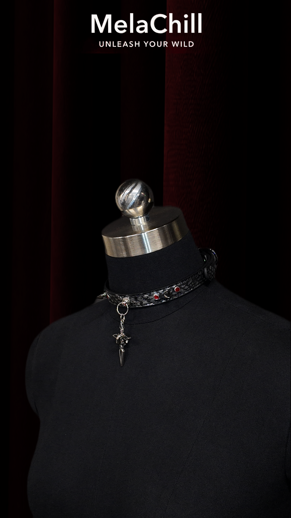 Black Gothic Spike Cross Charm Choker Necklace | Red Crystal Studded Ring Collar with Dagger Pendant
