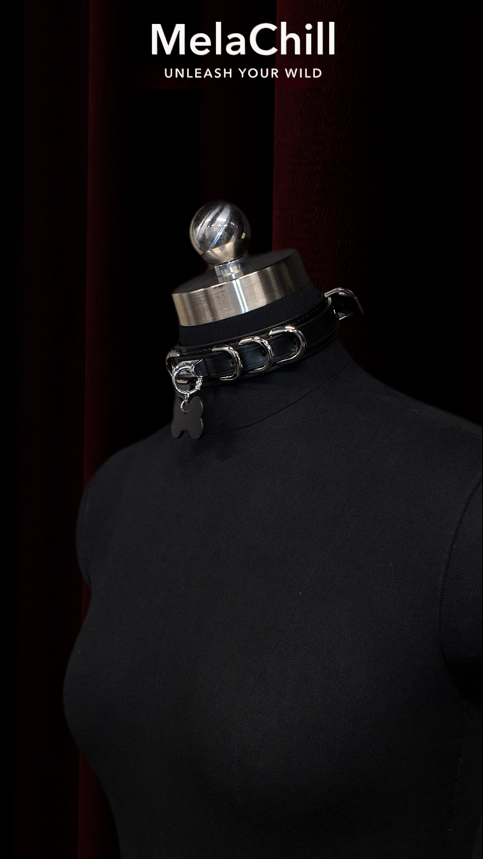 Black Gothic O-Ring Bone Tag Choker Necklace | Wide Faux Leather Collar with Silver Metal Hoops & Bone Pendant